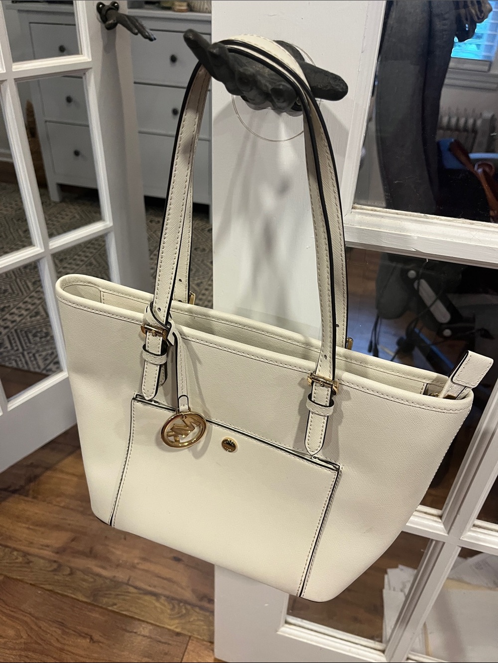 Michael Kors Cream Leather Shoulder Tote with Gold Hardware